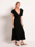 Women Chic Layered Ruffles Flying Sleeve Dress Fashion Backless V Neck High Waist Maxi Robe New Lady Summer Elegant