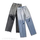 Zingj Trendy Women's Jeans, High Waist, Loose Style, Gradual Color Knee Hole, Rough Rim, Straight