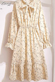 Women Floral Chiffon Dress Autumn Winter Long Sleeve Elastic Waist Bow Collar Casual Elegant Party Office Dresses