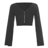 Zipper Casual Loose Long Sleeve Cropped Tshirt Autumn Fashion V Neck Crop Top T Shirt Women Chic Cotton