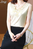 Fashion Top Woman V-neck Tank Tops Printed Vintage Ladies Crop top Female Women's T-shirt Satin Lace Summer Woman