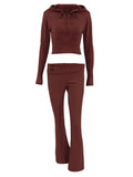 Knit Zipper Hodded Top And Pants Set-Outfit