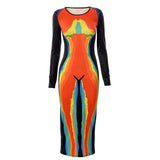 Women Autumn Long Sleeve Bodycon Printed Pencil Midi Dress 2021 Fall Wholesale Lots Bulk Clothes Streetwear