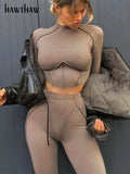 Women Long Sleeve Patchwork Crop Tops Long Pants Two Piece Set Tracksuit 2025 Spring Autumn Clothes Wholesale Items 211-0-Outfit