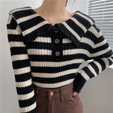 Black And White Striped Sweater Women Korean Fashion Ribbed Preppy Style Sailor Collar Sweater Winter Autumn
