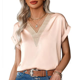 Lace Satin Blouse Loose Short Sleeve Women Tops Fashion 2023 Elegant Summer Casual Shirts Lady Simple Hollow Blusas