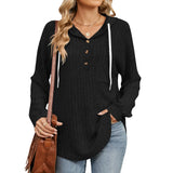 Zingj Autumn And Winter New Hooded Draw Rope Button Hole Strip Long Sleeve Hoodie Top-Outfit