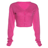 2000s Vintage Cute Pink Basic Button Up Crop Cardigans Y2K Streetwear V-neck Long Sleeve Knitted Sweaters Autumn