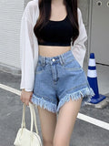 Summer 2022 Thin Frayed Pink Denim Shorts Women Tassel Hot