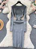 2023 Autumn Knitted Chic Dress O Neck Hollow Out Long Sleeves Bows Decoration Solid Women Slim Fit Bodycon Party