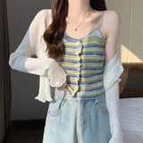 Women Fungus Buttons Cropped Tanks Tops Girls Knitted Sweet Chic Slim Thin Tee shirts Camis Crop Top for Female