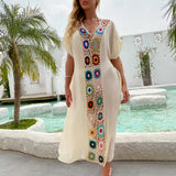 Queens Women Colorful Embroidery Short Sleeve Beach Sexy Loose Bohemian Maxi Dress Ladies V-neck Boho Sundress
