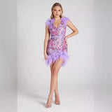 New Luxury Feather Flash Drill Sexy V-Neck Sleeveless Purple Dress Light Luxury Party
