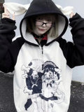 Casual Sweet Y2k Kawaii Hoodies Loose All Match Cute Contrast Color Women Coats Fashion Cartoon Print Zipper