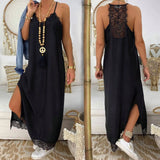 Fashion Casual Solid Lace Patch Work Midi Women's Dress Summer Sexy Spaghetti Straps Deep V Neck Split Dresses