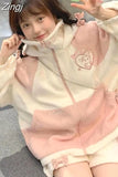 Women Preppy Style Korean Patchwork Jackets Loose Kawaii Pink White Contrast Color Outerwear Y2k Zipper Fleece Hooded