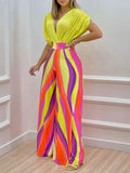 Casual High Waist Commute Bat Sleeve Jumpsuits Women V Neck Wide Leg Pant Playsuit Fashion Printed Pants Office