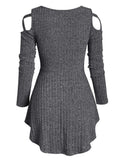 Long Sleeve Autumn Knitted Sweater Women Pullover Cold Shoulder Front Drawstring Ribbed Knitwear Solid Women