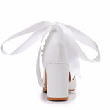 Cm Thick Heel Pointed Sandals With Shallow Female Sandals White Beaded Wedding Bride High Heels Large-Size