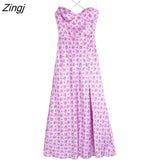 Women Sexy Strapless Floral Print Soft Touch Split Midi Dress Lady Chic Backless Lace Up Slim Party Vestido Mujer