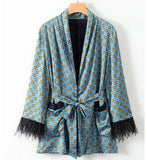 2020 Blue Printed Kimono Jacket with Feather Sleeves Wide Leg Loose Cuasal Trousers Women Vintage Clothing