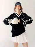 Stripe Bow Oversized V-neck Black Jersey Long Sleeve Top- Outfit
