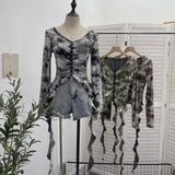 Real Shooting Wasteland Hottie Make Old Hole Tie-Dye V-Neck Irregular Ribbon Long-Sleeved Top Short T-Shirt