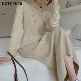 Autumn Winter Women Dress 2021 Hooded Knitted Midi Dresses for Women Long Sleeve Loose Female Sweater Vestidos