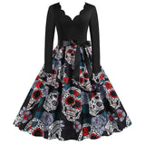 Midi Women Halloween Dress Autumn Winter Vintage Printed V-Neck Long Sleeve Swing Party Festival Sundress S~3XL