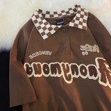 flocking embroidery plaid polo shirt short-sleeved t-shirt women summer new Korean version loose y2k top polo shirt