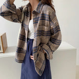 Plaid Shirt Women Vintage Harajuku Brown Top Oversize Long Sleeve Outerwear Button Up Blouse Basic Spring Jackets
