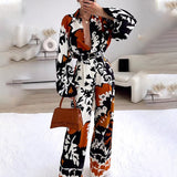 Spot 2025 Women's Fashion Print Long Sleeve Shirt Casual Pants Two