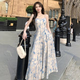 Print Elegant Beach Dress 2023 New Women Vintage Pearl Beading Sweet Midi Dress Female Princess Fairy Strap Evening