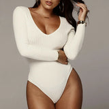 Casual Knitted Bandage Bodysuit Elegant Long Sleeve Slim Fit Body Top Ladies Long Sleeve Leotard Stretch Autumn