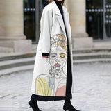 Winter Long Sleeve Jacket Outwear High Street Ladies Loose Pattern Printed Lapel Long Coat Office Fashion Women Woolen
