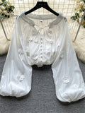 Senior Embroider Loose Blouse Lace Up Bow V Neck Single Breasted Cardigan Long Puff Sleeves Women Gentle Solid