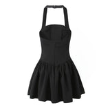 Solid Halter Slash Collar Mini Dress- Outfit