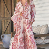 Spot Spring 2025 New Women's Fashion Long Sleeve Print Shirt Wide Leg Pants Two-Piece