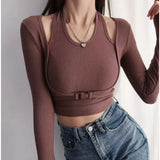 Vintage Khaki Women T Shirt Fashion Front Buckle Cropped T-shirt Slim Tops Y2k Sexy Long Sleeve Women Tee Tops
