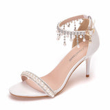 Cm Sexy Temperament Word With Shallow Mouth Fine High Heel Sandals White Fine Heel Beaded Sandals