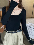 Zingj Korean Spring And Autumn Bottom Sweater Slim Inside With Square Collar Long Sleeve