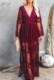 Lace Dress Long Women Bohemian Embroidered Maxi Dress Female V Neck Hollow Out White Casual Holiday Beach Dress