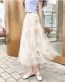 Skirt Women Vintage Embroidery Elastic High Waist A-Line Mesh Pleated Skirt Female Midi