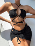 Sexy Woman Clothes Summer Halter Lace-up Three Pieces Sets Swimsuit Separate Swimwear Solid Low Waist Beachwear Bikini