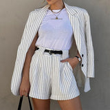 Spot 2025 Autumn New Women's Fashion Temperament Striped Long-Sleeve Suit Shorts Two