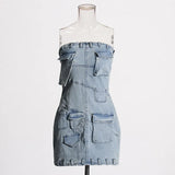 Fashion Style Denim Brake Dress 2025 New Interface Bag Design Slimming Short Dress