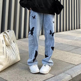 street clothing retro trend pocket jeans female letter star print high waist casual oversized straight pants