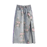 Fashion Denim Long Skirts For Womens Summer Blue High Waist Raw Edge Slit Vintage Washed Printing Korean Style Casual