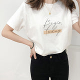 Casual O-neck Letter Print Women T-shirt 2021 Summer Short Sleeve Loose Female Basic Tops Shirt GirlsTees 100%