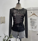 Graffiti-Printing Mesh T-Shirt 2024 Vintage Spice Girls Slime Long-Sleeved Hooded Top